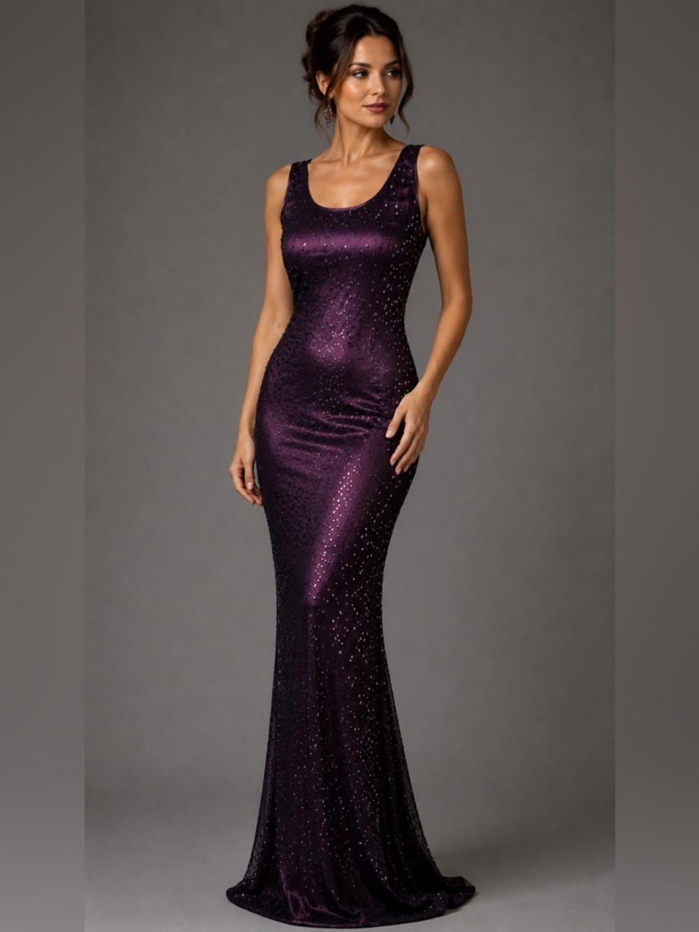 Mica Plum Purple Sequin Formal Gown Maxi Dress Low Back Evening Dress